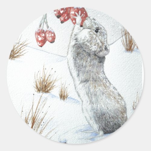 Cute mouse snowscene wildlife at chrismas classic round sticker