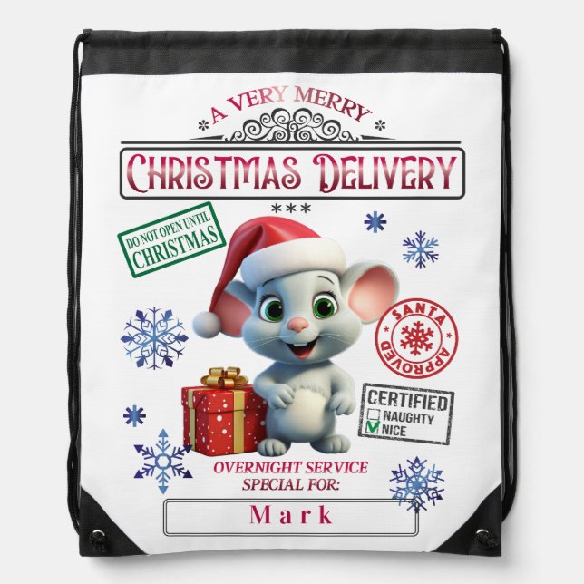 Cute Mouse Special Delivery Xmas Personalized Drawstring Bag (Front)