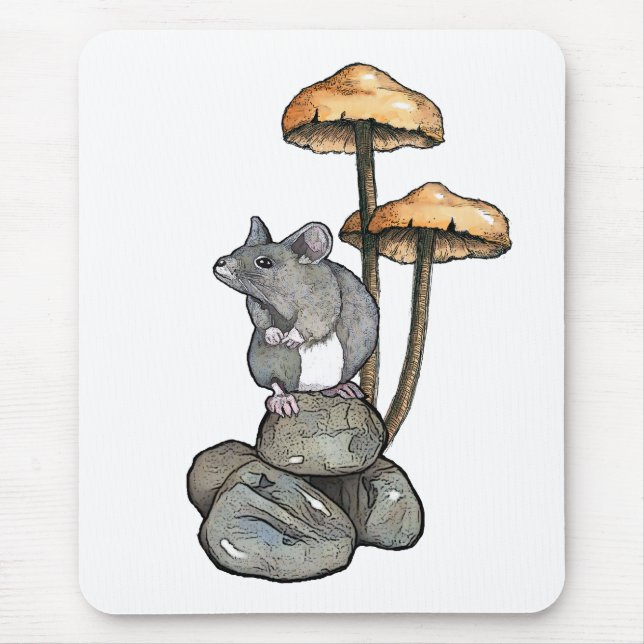 Cute Mouse Standing on Rocks, with Mushrooms Pad (Front)