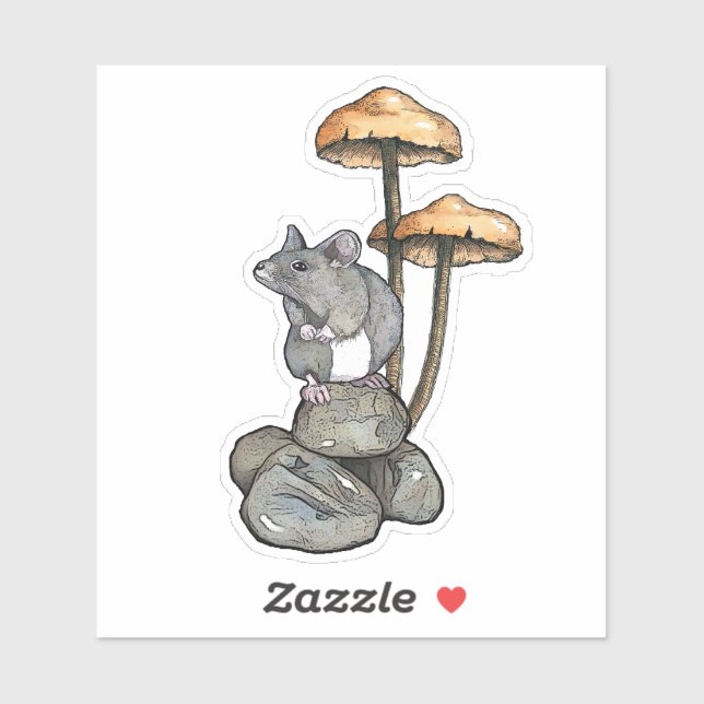 Cute Mouse Standing on Rocks, with Mushrooms Sticker (Sheet)
