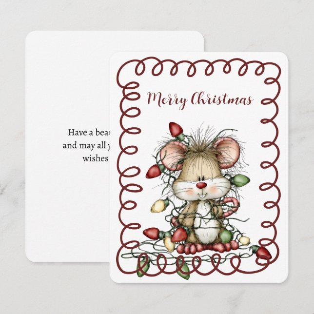 Cute Mouse Tangled in Christmas Lights Holiday Card (Front/Back)