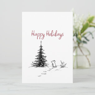 Cute Mouse & Tree Line Art Festive Christmas  Holiday Card
