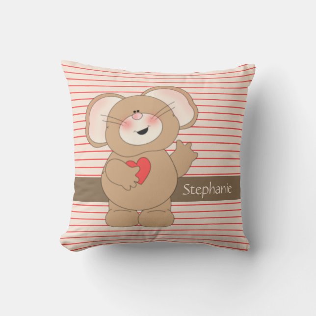 Cute Mouse w Heart on pinstripes, add name Throw Pillow (Front)