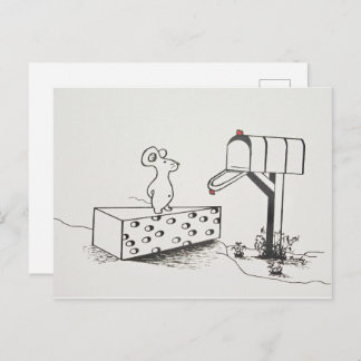 Cute Mouse Waits on Swiss Cheese for Mail Postcard