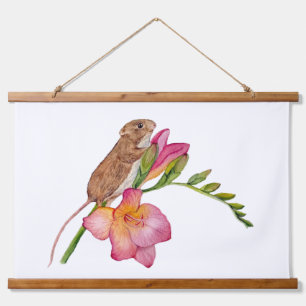 Cute Mouse Watercolor Floral Design Freesia Flow Hanging Tapestry