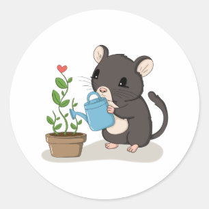 Cute Mouse Watering a Flower Gardening Sticker