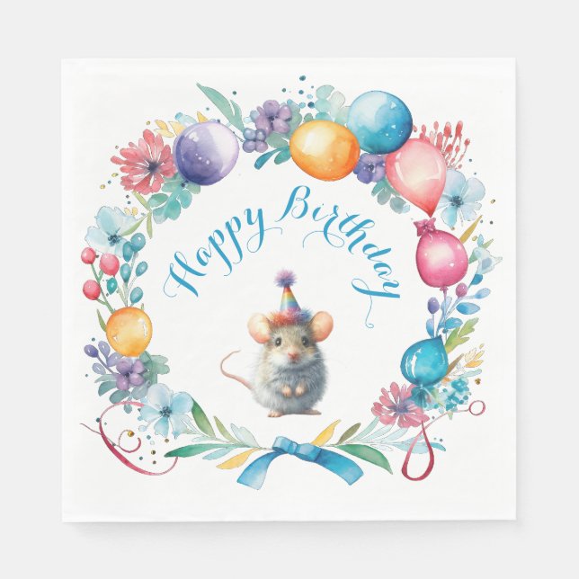 Cute Mouse Wearing a Party Hat Napkins (Front)