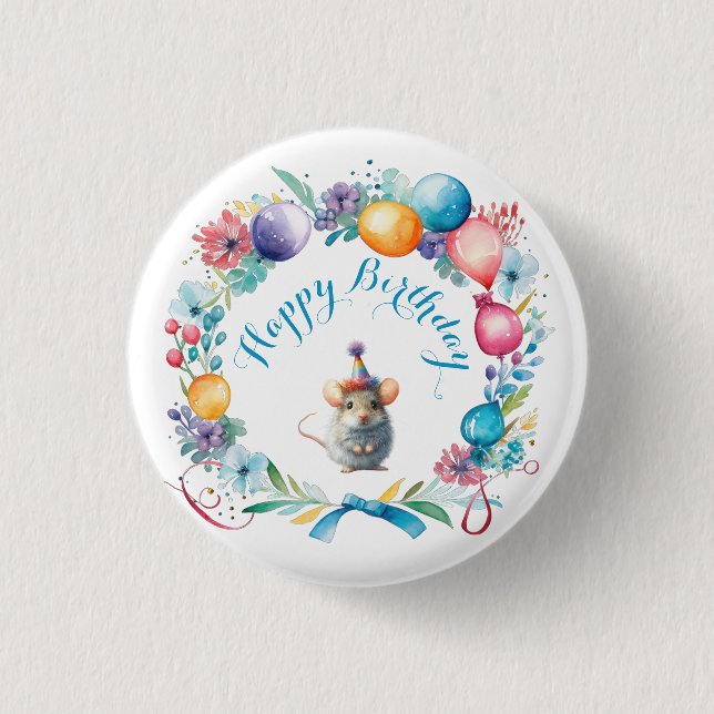 Cute Mouse Wearing a Party Hat Sticker Button (Front)