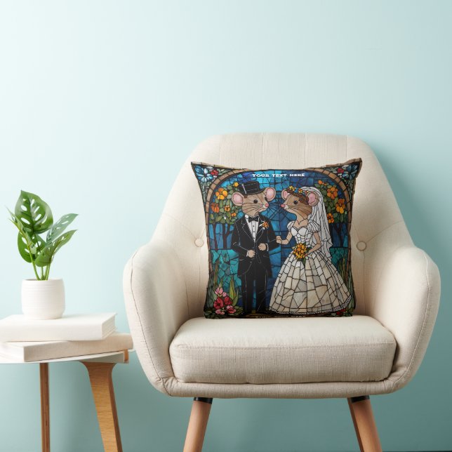 Cute Mouse Wedding Couple Mosaic Stained Glass Throw Pillow (Chair)