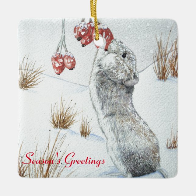 Cute mouse wildlife snow scene for christmas ceramic ornament (Front)