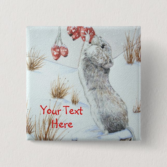 Cute mouse wildlife snow scene for christmas pinback button (Front)