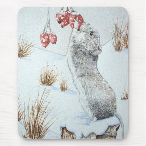 Cute mouse winter snow scene red berries wildlife mouse pad