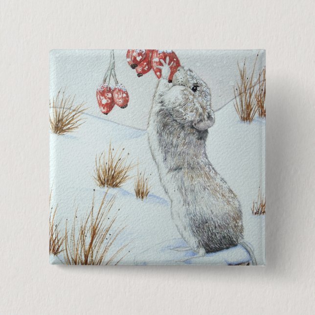 Cute mouse winter snow scene wildlife button (Front)