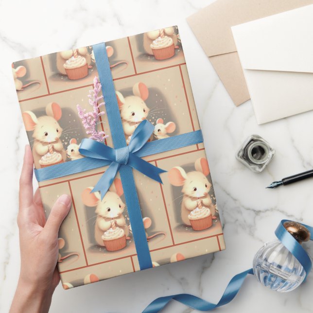 Cute Mouse With Birthday Cupcake Wrapping Paper (Gifting)