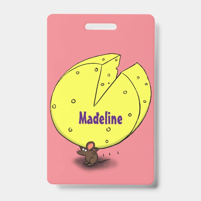 Cute mouse with cheese cartoon illustration badge (Front)