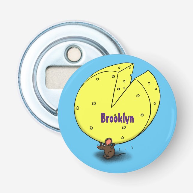 Cute mouse with cheese cartoon illustration bottle opener (Front)