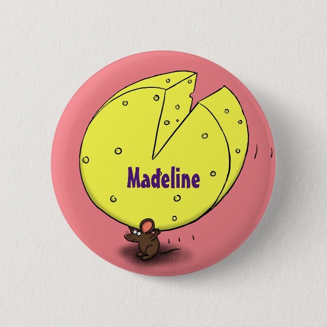 Cute mouse with cheese cartoon illustration button (Front)
