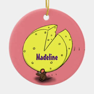 Cute mouse with cheese cartoon illustration ceramic ornament