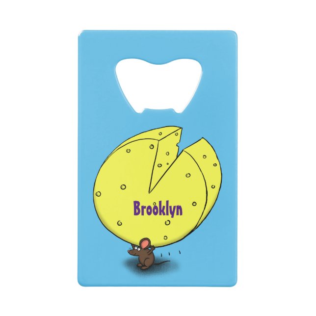 Cute mouse with cheese cartoon illustration credit card bottle opener (Front)
