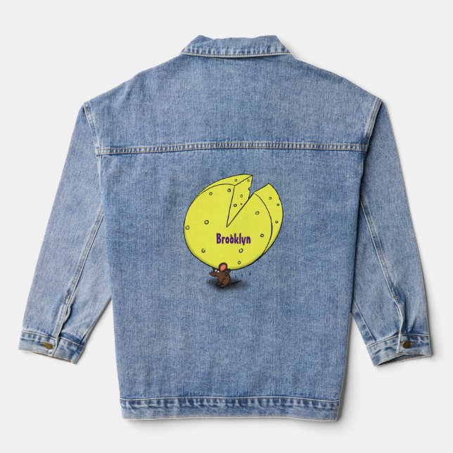 Cute mouse with cheese cartoon illustration denim jacket (Back)