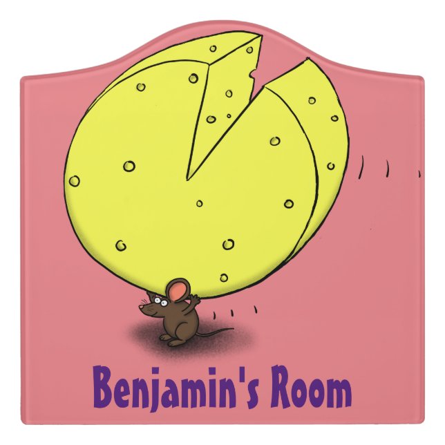 Cute mouse with cheese cartoon illustration door sign (Large Crest Front)