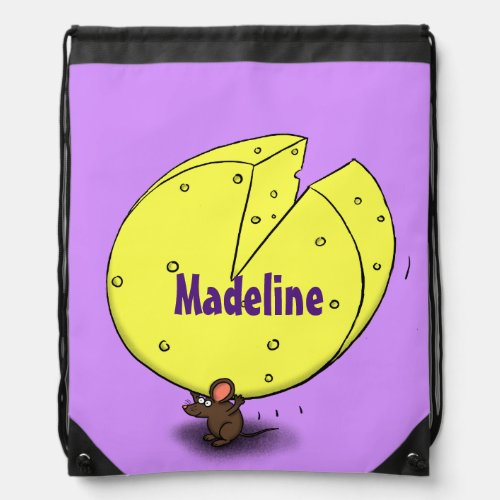 Cute mouse with cheese cartoon illustration drawstring bag