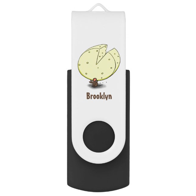 Cute mouse with cheese cartoon illustration flash drive (Front Vertical)