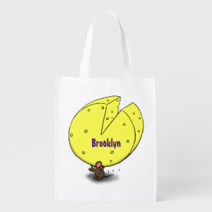 Cute mouse with cheese cartoon illustration grocery bag