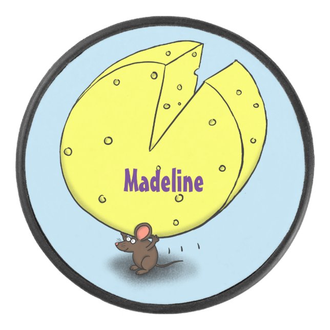 Cute mouse with cheese cartoon illustration hockey puck (Front)