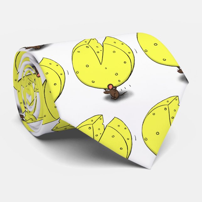 Cute mouse with cheese cartoon illustration neck tie (Rolled)