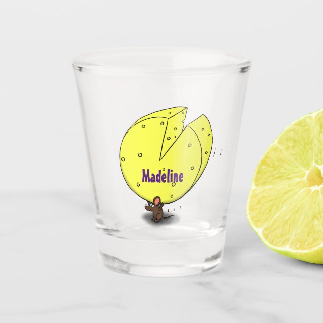 Cute mouse with cheese cartoon illustration  shot glass (Front)