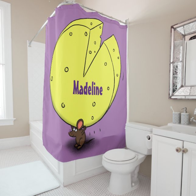 Cute mouse with cheese cartoon illustration shower curtain (In Situ)