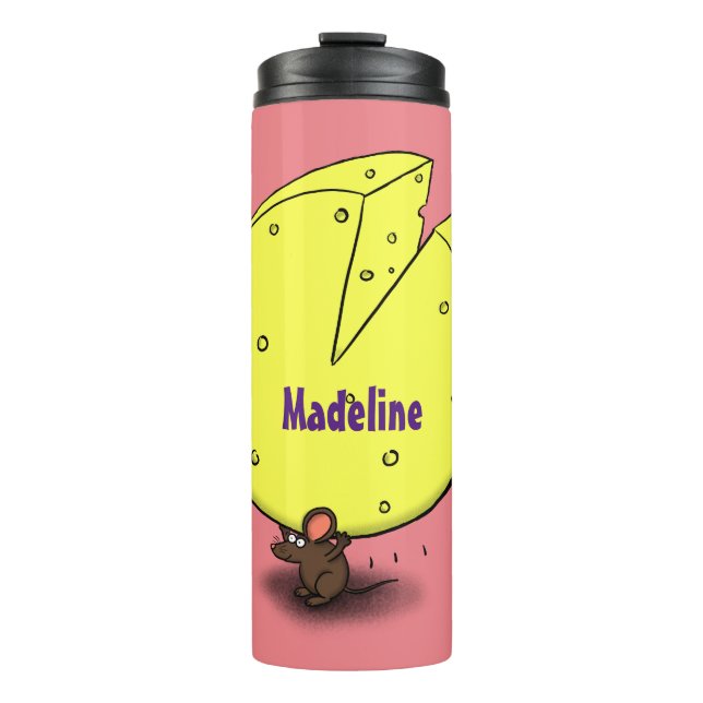 Cute mouse with cheese cartoon illustration thermal tumbler (Front)