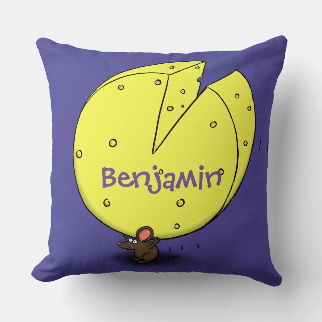 Cute mouse with cheese cartoon illustration throw pillow (Front)