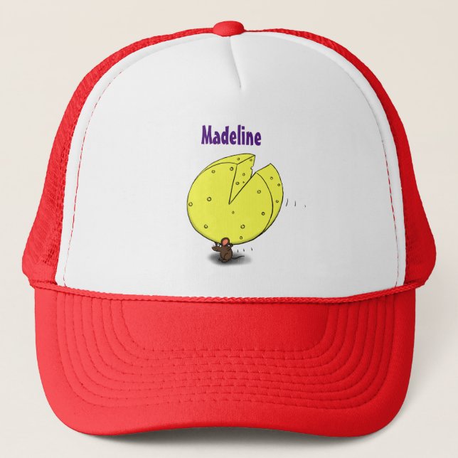Cute mouse with cheese cartoon illustration trucker hat (Front)