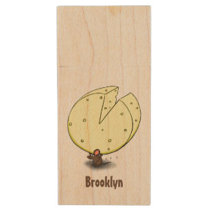 Cute mouse with cheese cartoon illustration wood flash drive