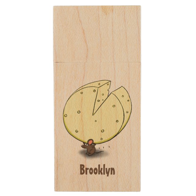 Cute mouse with cheese cartoon illustration wood flash drive (Front Vertical)