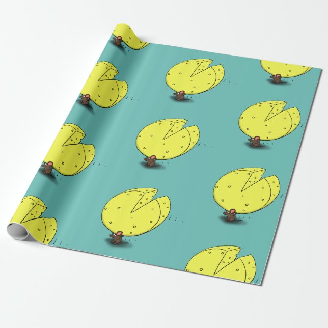 Cute mouse with cheese cartoon illustration wrapping paper (Unrolled)