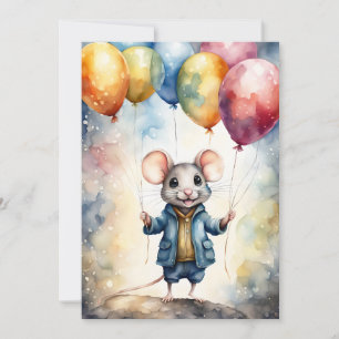 Cute mouse with colorful balloons, custom invitation