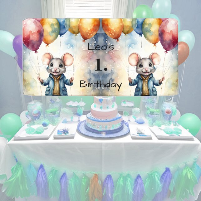 Cute mouse with colorful balloons, personalizable  banner (Creator Uploaded)