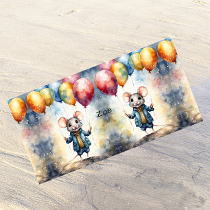 Cute mouse with colorful balloons, personalizable beach towel