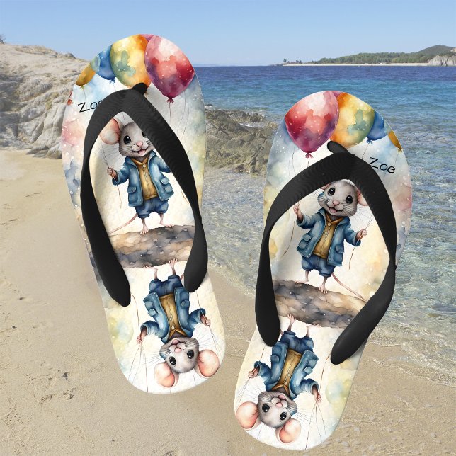 Cute mouse with colorful balloons, personalizable  kid's flip flops (Creator Uploaded)