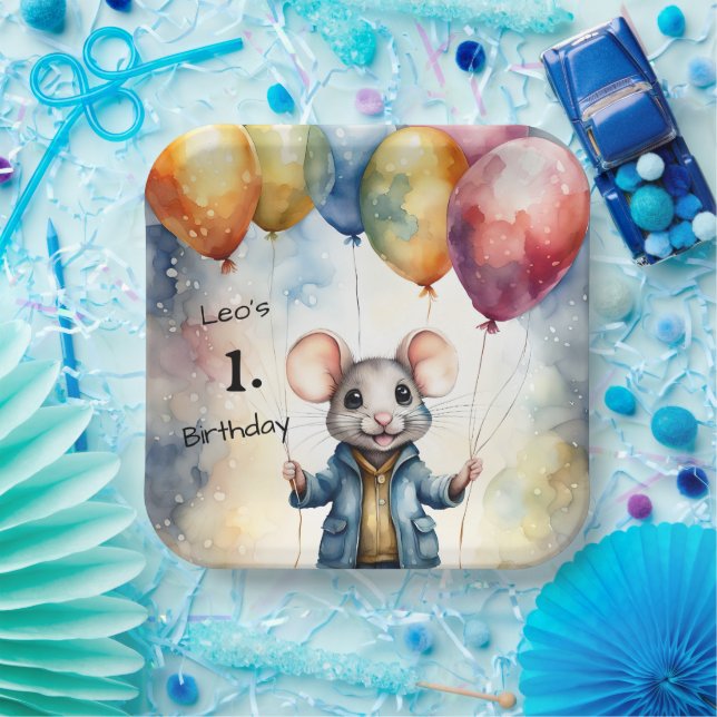 Cute mouse with colorful balloons, personalizable  paper plates (Party)