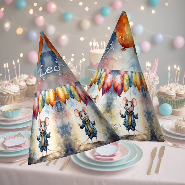 Cute mouse with colorful balloons, personalizable  party hat (Creator Uploaded)