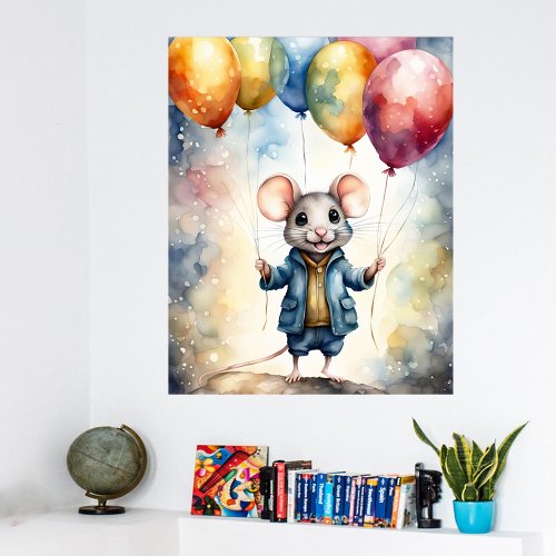 Cute mouse with colorful balloons  poster