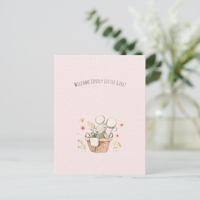 Cute Mouse With Flowers Welcome Baby Girl Daughter Postcard (Standing Front)