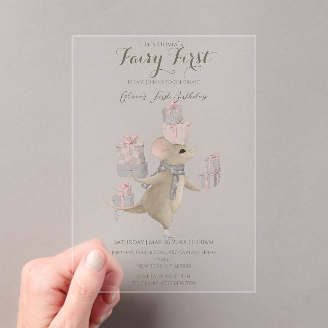 Cute Mouse with gifts 1 birthday Acrylic Invitations (Insitu (Handheld))