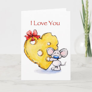 Cute mouse with huge heart cheese , love you card