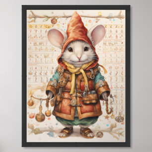 Cute mouse with red coat on a collage background framed art
