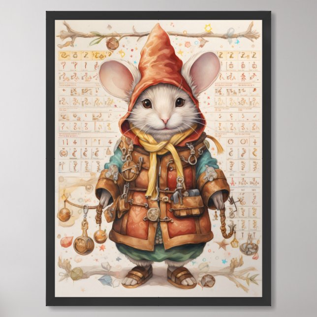 Cute mouse with red coat on a collage background framed art (Framed Front)